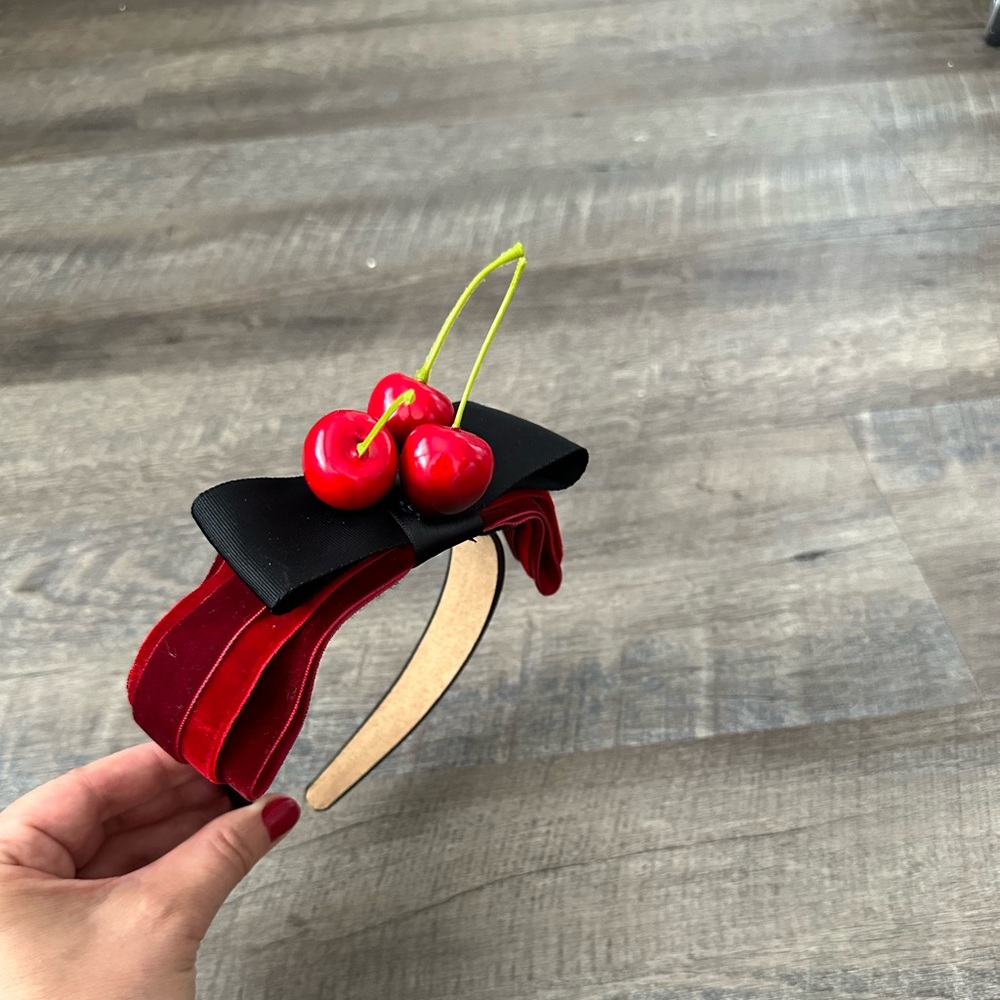 Handmade Designer Fascinator Headband Cherries Red Black Velvet Bow - Picture 7 of 15